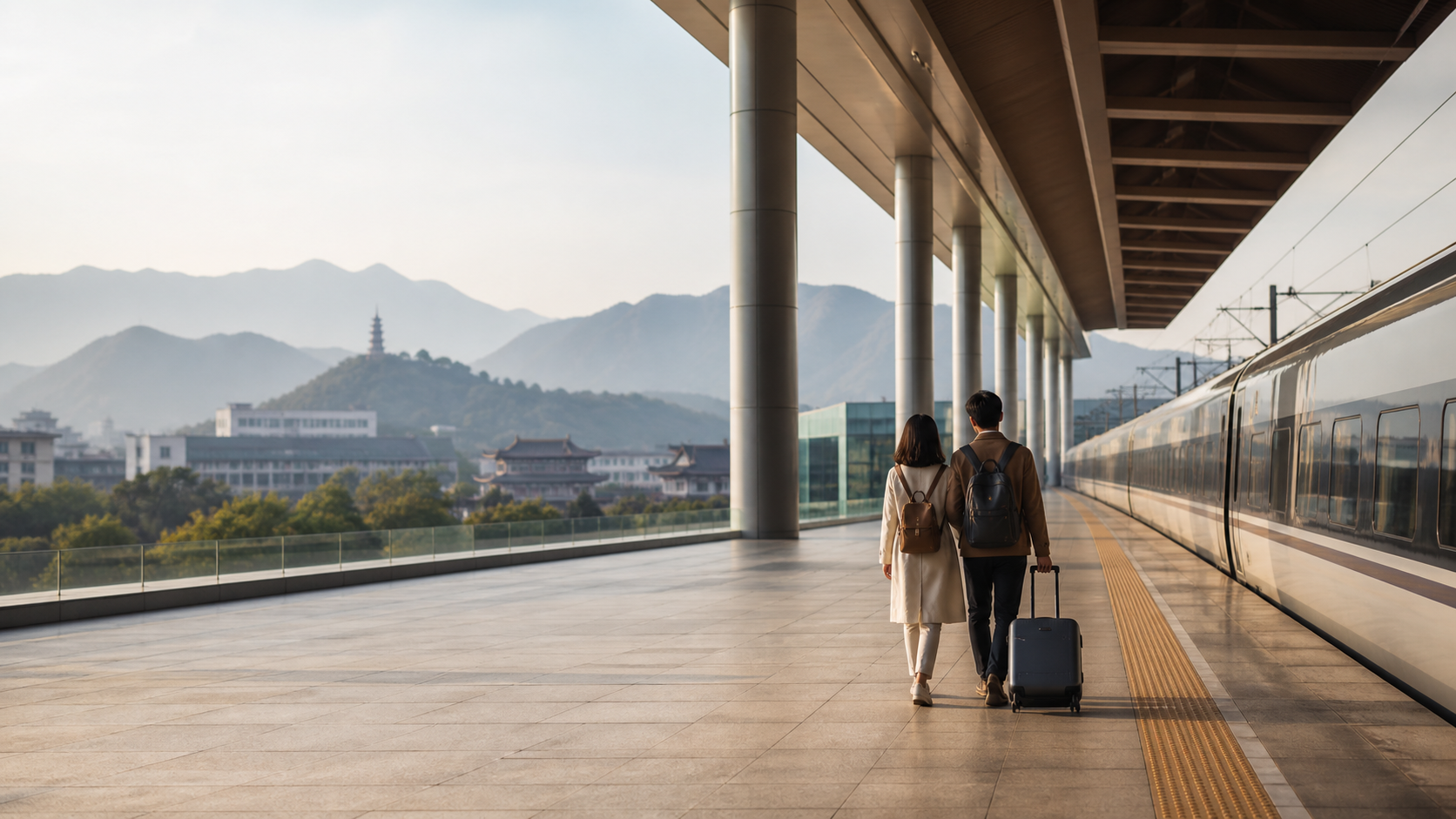Travelers walking along a high-speed train platform toward a mountain city